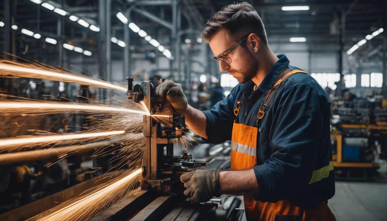 A worker operates a deep drawing machine in a manufacturing plant.