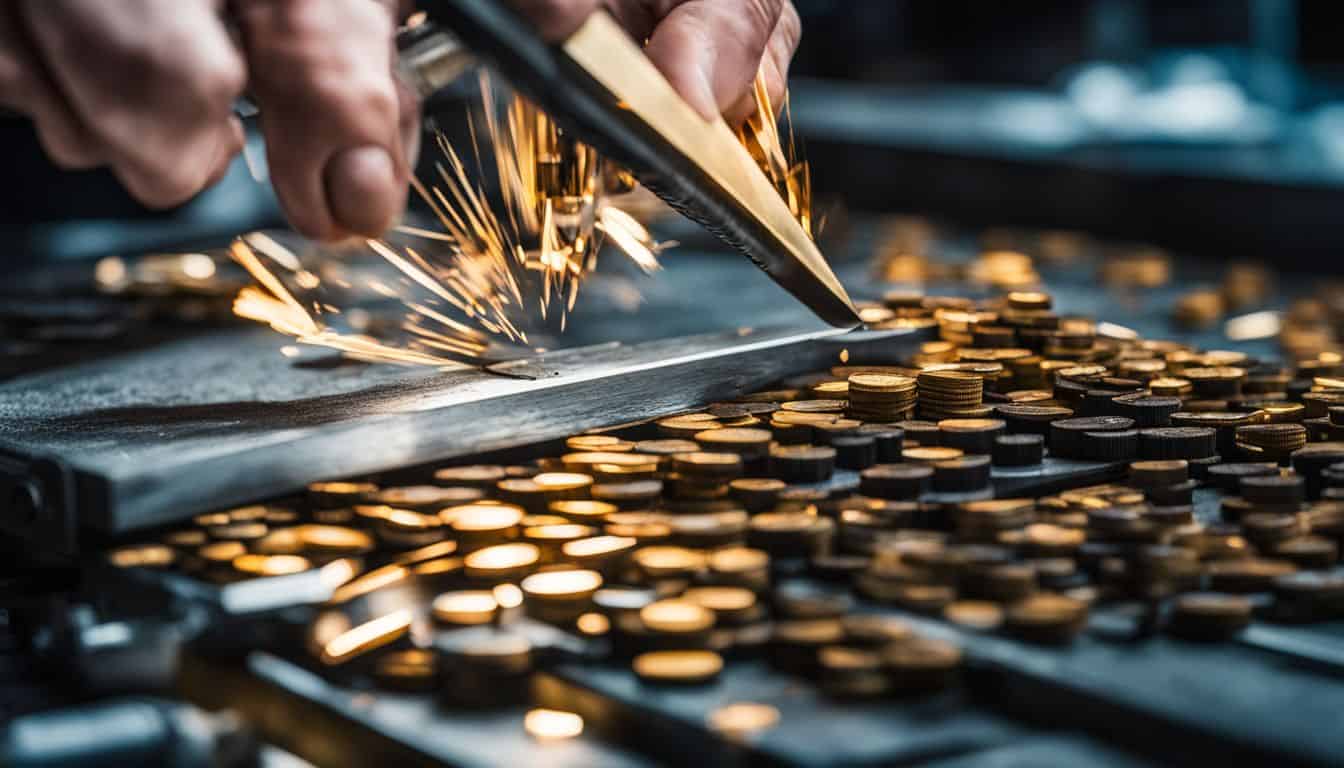 A precision cutting tool in action, capturing chips flying.